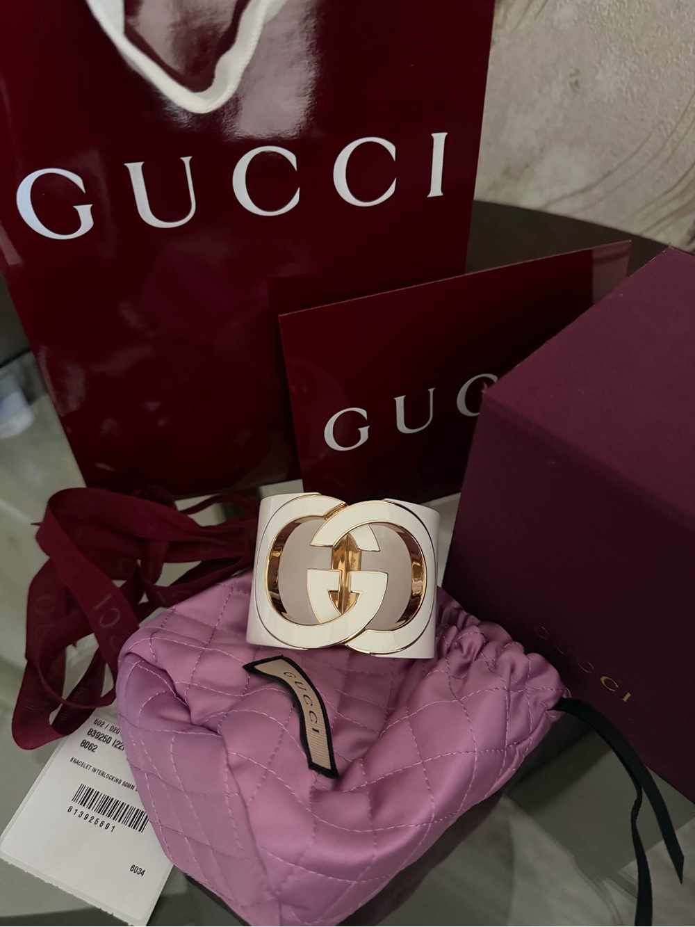 Authentic Gucci White and Gold Interlocking GG Wide Cuff Bracelet SOLD OUT